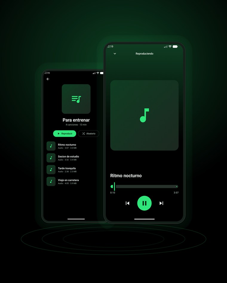 Dos pantallas de ExoTube: el detalle de una playlist y el reproductor en marcha